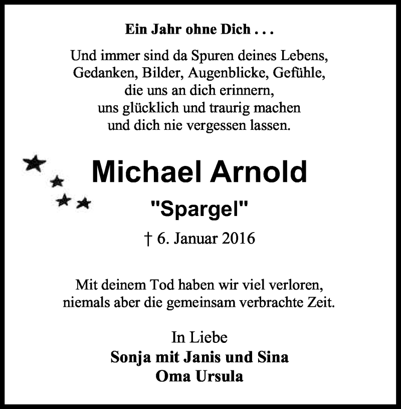  Traueranzeige für Michael Arnold vom 07.01.2017 aus Kölner Stadt-Anzeiger / Kölnische Rundschau / Express