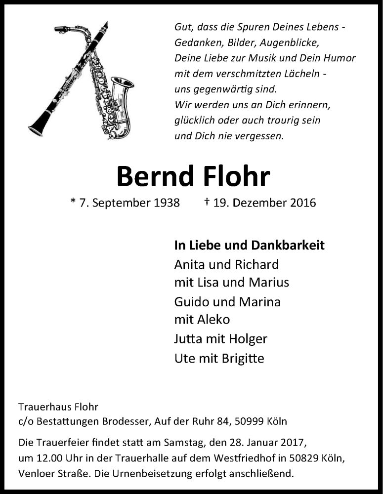 Traueranzeige für Bernd Flohr vom 14.01.2017 aus Kölner Stadt-Anzeiger / Kölnische Rundschau / Express