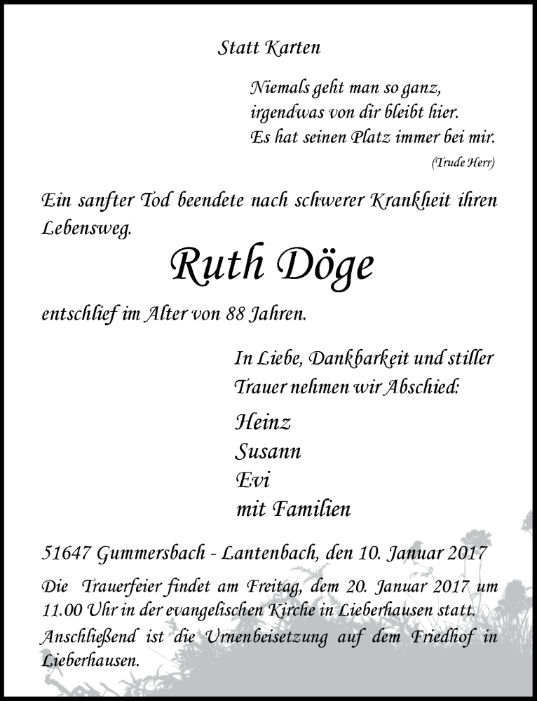  Traueranzeige für Ruth Döge vom 18.01.2017 aus  Anzeigen Echo 