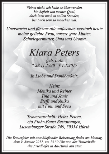 Anzeige von Klara Peters von  Sonntags-Post 