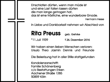 Anzeige von Rita Preuss von Kölner Stadt-Anzeiger / Kölnische Rundschau / Express