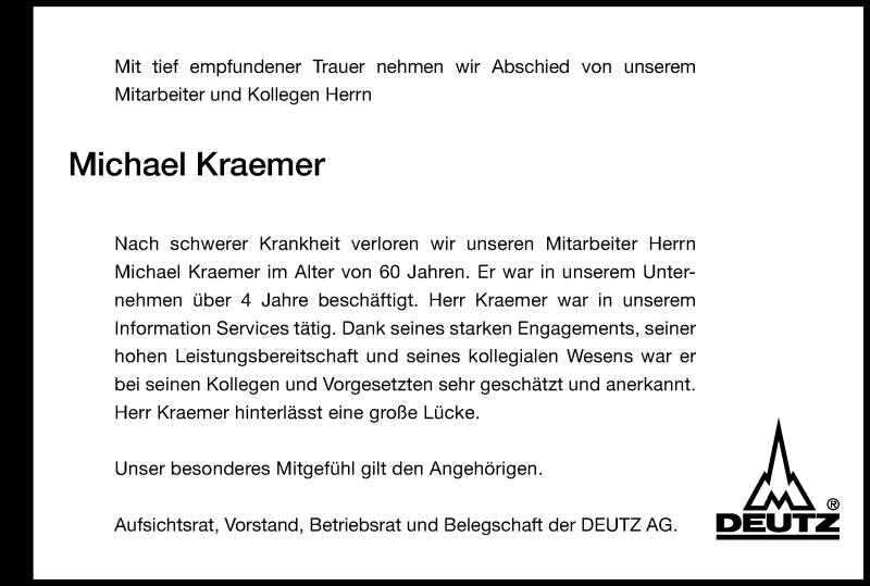  Traueranzeige für Michael Kraemer vom 28.01.2017 aus Kölner Stadt-Anzeiger / Kölnische Rundschau / Express