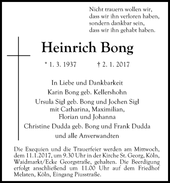 Anzeige von Heinrich Bong von Kölner Stadt-Anzeiger / Kölnische Rundschau / Express
