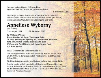 Anzeige von Anneliese Wyborny von Kölner Stadt-Anzeiger / Kölnische Rundschau / Express