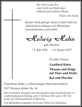 Anzeige von Hedwig Hahn von  Sonntags-Post 