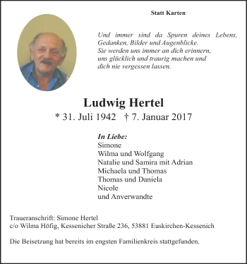 Anzeige von Ludwig Hertel von  Blickpunkt Euskirchen 