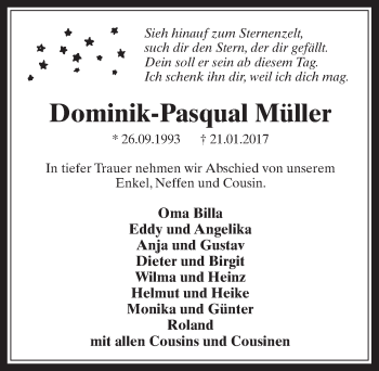Anzeige von Dominik-Pasqual Müller von  Sonntags-Post 
