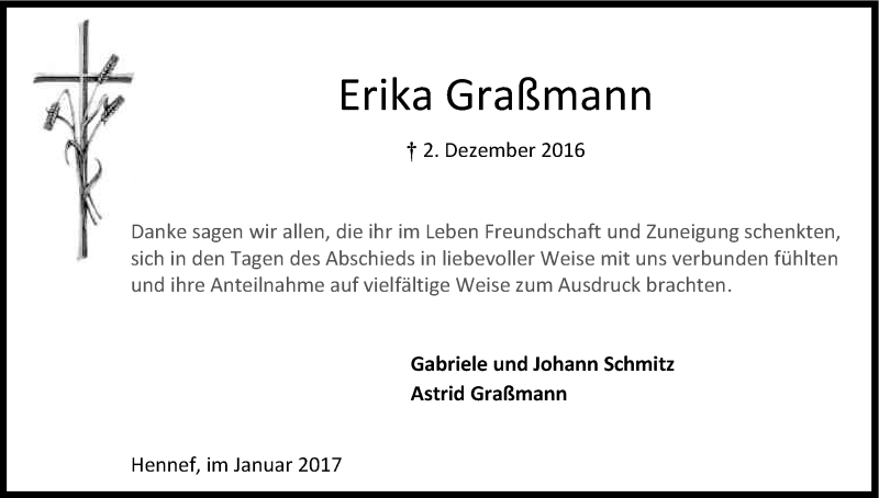  Traueranzeige für Erika Graßmann vom 14.01.2017 aus Kölner Stadt-Anzeiger / Kölnische Rundschau / Express