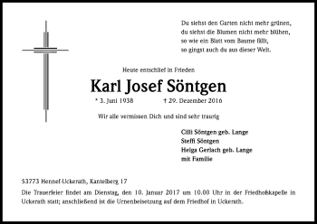 Anzeige von Karl Josef Söntgen von Kölner Stadt-Anzeiger / Kölnische Rundschau / Express