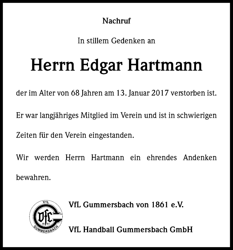  Traueranzeige für Edgar Hartmann vom 21.01.2017 aus Kölner Stadt-Anzeiger / Kölnische Rundschau / Express