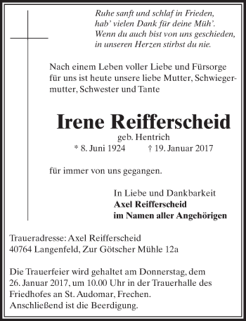 Anzeige von Irene Reifferscheid von  Sonntags-Post 