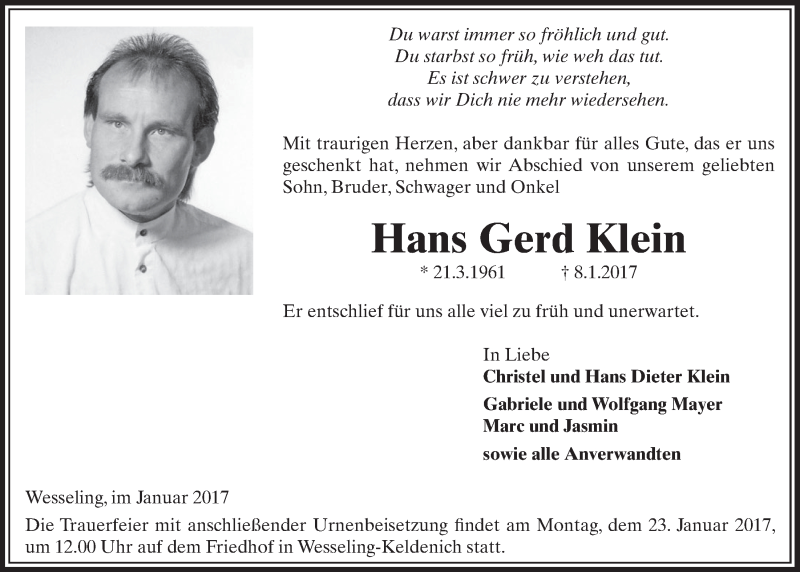  Traueranzeige für Hans Gerd Klein vom 18.01.2017 aus  Schlossbote/Werbekurier 