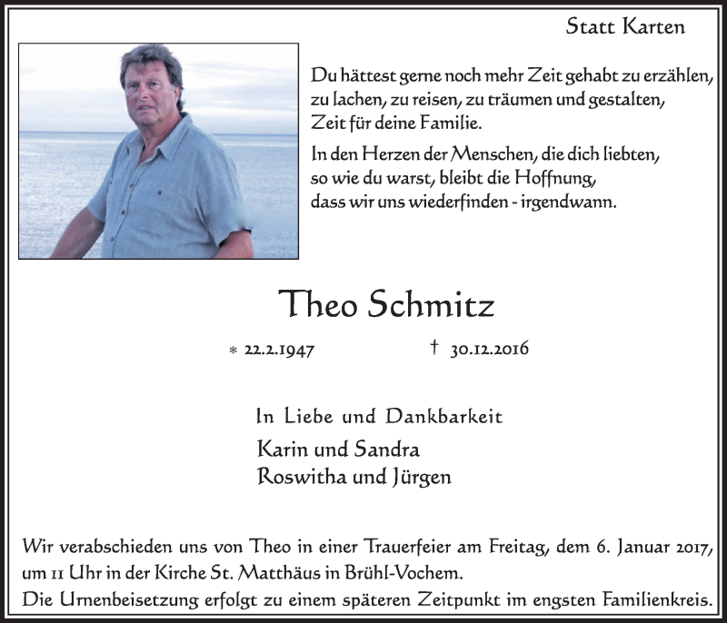  Traueranzeige für Theo Schmitz vom 04.01.2017 aus  Schlossbote/Werbekurier 