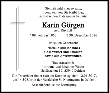 Anzeige von Karin Görgen von Kölner Stadt-Anzeiger / Kölnische Rundschau / Express