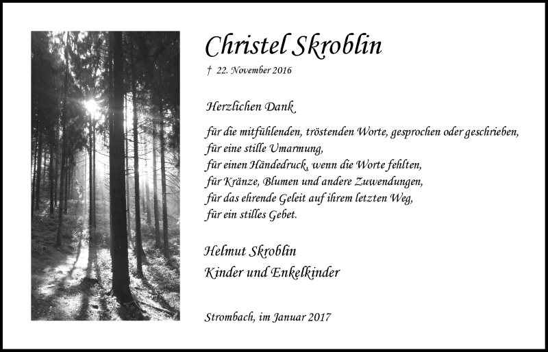  Traueranzeige für Christel Skroblin vom 04.01.2017 aus  Anzeigen Echo 