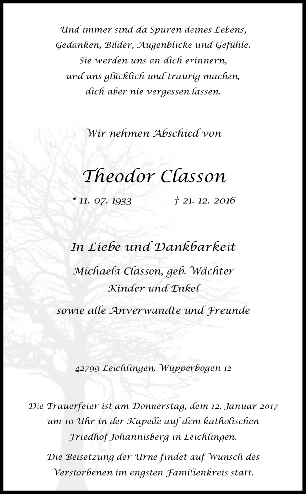  Traueranzeige für Theodor Classon vom 07.01.2017 aus Kölner Stadt-Anzeiger / Kölnische Rundschau / Express