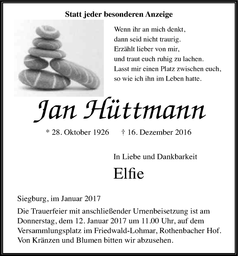  Traueranzeige für Jan Hüttmann vom 07.01.2017 aus Kölner Stadt-Anzeiger / Kölnische Rundschau / Express