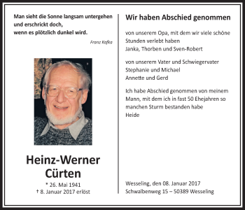 Anzeige von Heinz-Werner Cürten von  Schlossbote/Werbekurier 