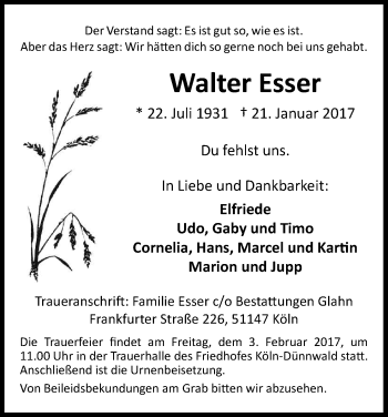 Anzeige von Walter Esser von Kölner Stadt-Anzeiger / Kölnische Rundschau / Express