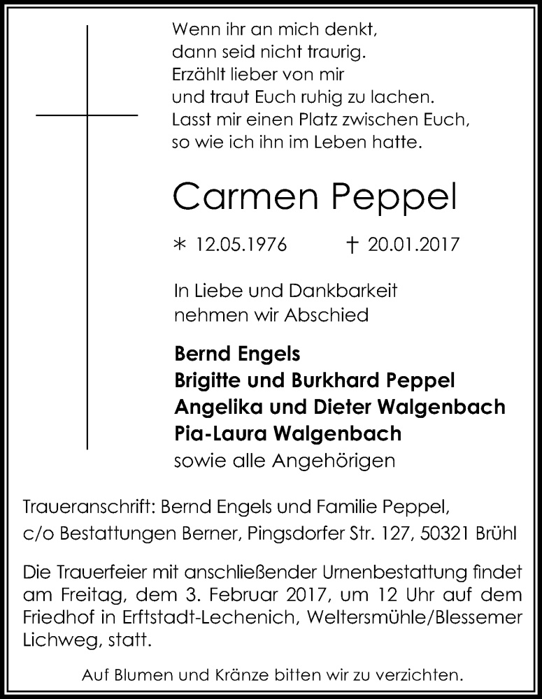  Traueranzeige für Carmen Peppel vom 01.02.2017 aus Kölner Stadt-Anzeiger / Kölnische Rundschau / Express