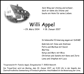 Anzeige von Willi Appel von Kölner Stadt-Anzeiger / Kölnische Rundschau / Express