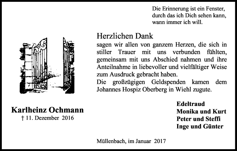  Traueranzeige für Karlheinz Ochmann vom 21.01.2017 aus Kölner Stadt-Anzeiger / Kölnische Rundschau / Express