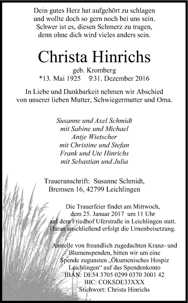  Traueranzeige für Christa Hinrichs vom 21.01.2017 aus Kölner Stadt-Anzeiger / Kölnische Rundschau / Express