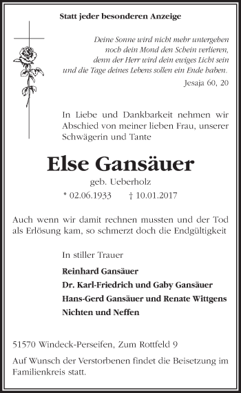 Anzeige von Else Gansäuer von  Lokalanzeiger 