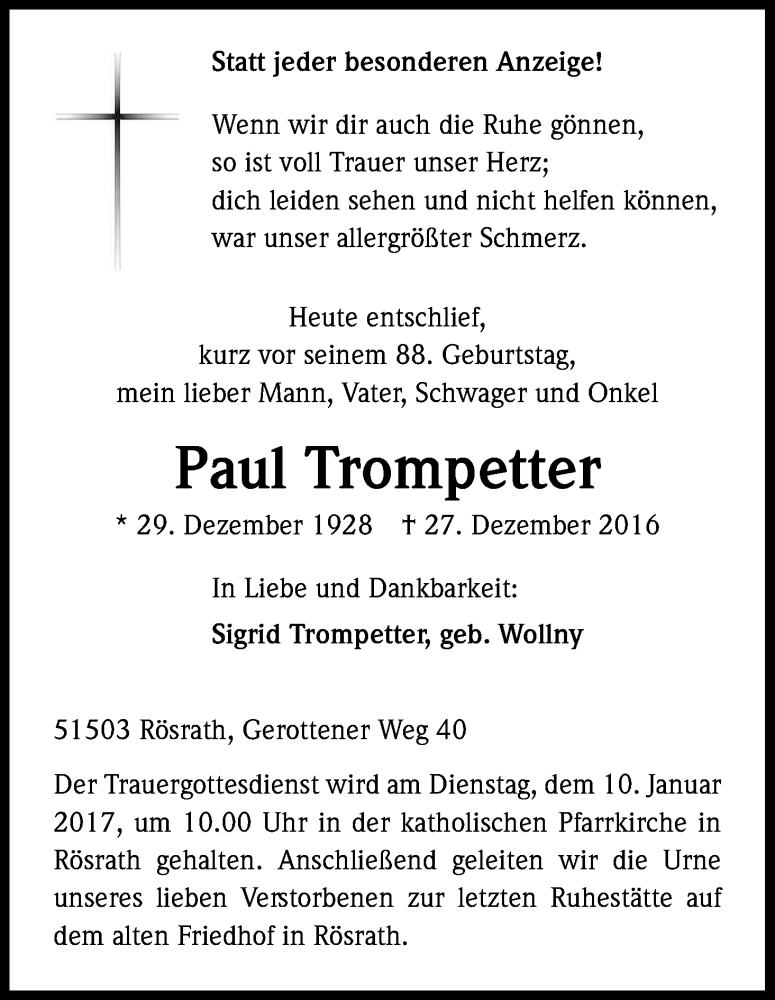  Traueranzeige für Paul Trompetter vom 07.01.2017 aus Kölner Stadt-Anzeiger / Kölnische Rundschau / Express