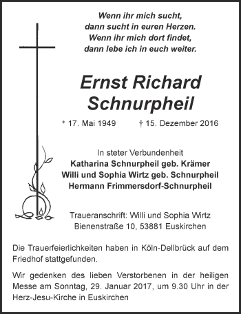 Anzeige von Ernst Richard Schnurpheil von  Blickpunkt Euskirchen 