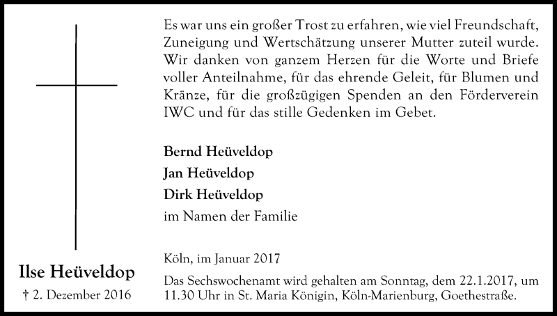  Traueranzeige für Ilse Heüveldop vom 14.01.2017 aus Kölner Stadt-Anzeiger / Kölnische Rundschau / Express