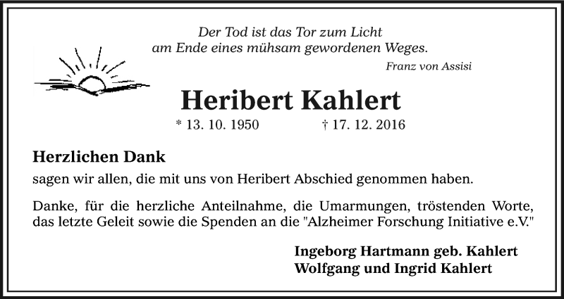  Traueranzeige für Heribert Kahlert vom 21.01.2017 aus Kölner Stadt-Anzeiger / Kölnische Rundschau / Express