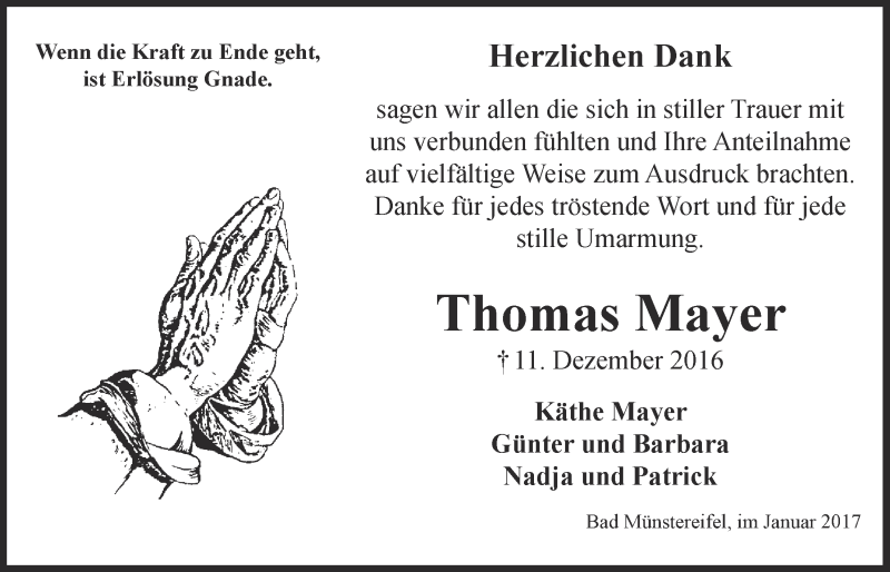  Traueranzeige für Thomas Mayer vom 21.01.2017 aus  Blickpunkt Euskirchen 