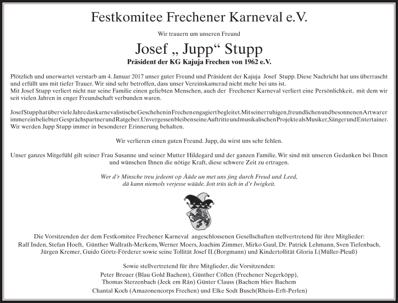  Traueranzeige für Josef Stupp vom 11.01.2017 aus  Wochenende 