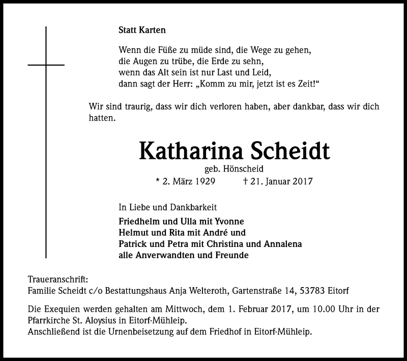  Traueranzeige für Katharina Scheidt vom 28.01.2017 aus Kölner Stadt-Anzeiger / Kölnische Rundschau / Express