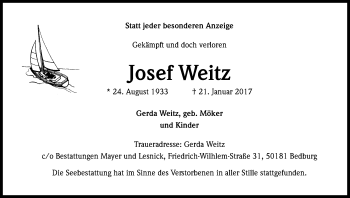 Anzeige von Josef Weitz von Kölner Stadt-Anzeiger / Kölnische Rundschau / Express