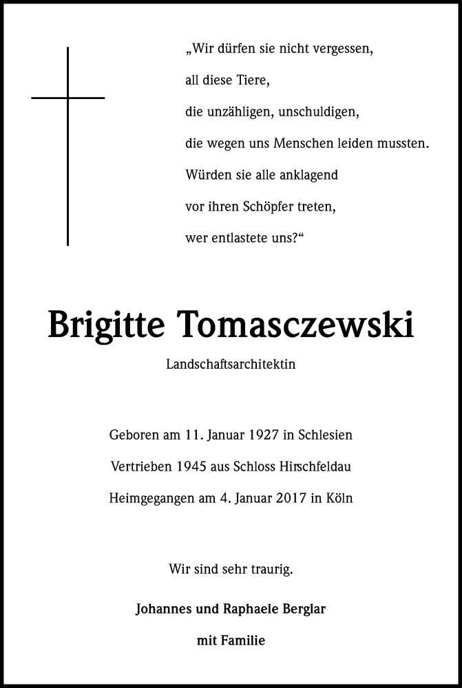  Traueranzeige für Brigitte Tomasczewski vom 07.01.2017 aus Kölner Stadt-Anzeiger / Kölnische Rundschau / Express