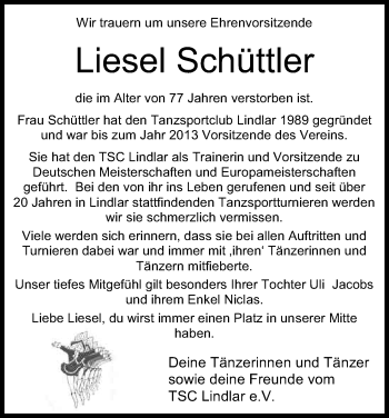 Anzeige von Liesel Schüttler von Kölner Stadt-Anzeiger / Kölnische Rundschau / Express
