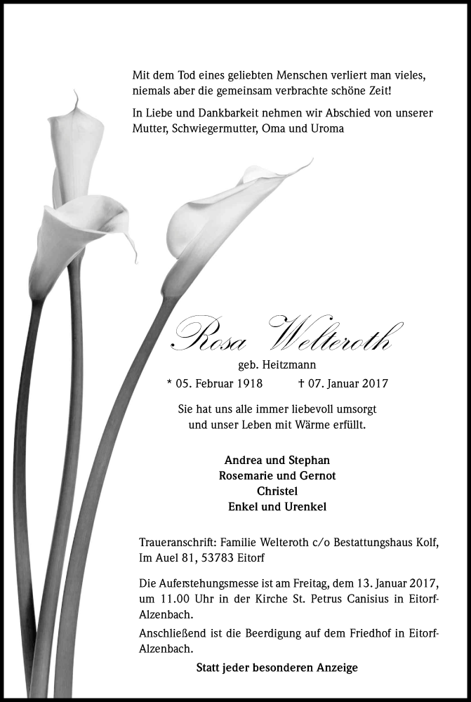  Traueranzeige für Rosa Welteroth vom 10.01.2017 aus Kölner Stadt-Anzeiger / Kölnische Rundschau / Express