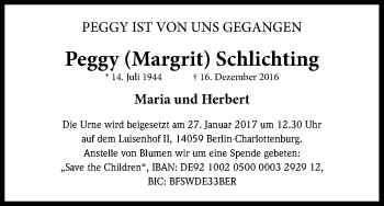 Anzeige von Peggy Margrit Schlichting von Kölner Stadt-Anzeiger / Kölnische Rundschau / Express