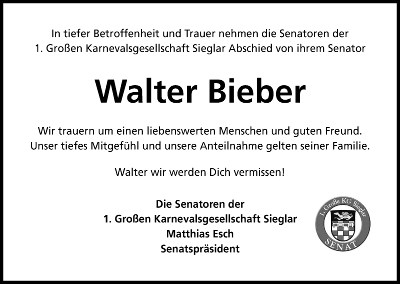  Traueranzeige für Walter Bieber vom 28.01.2017 aus Kölner Stadt-Anzeiger / Kölnische Rundschau / Express