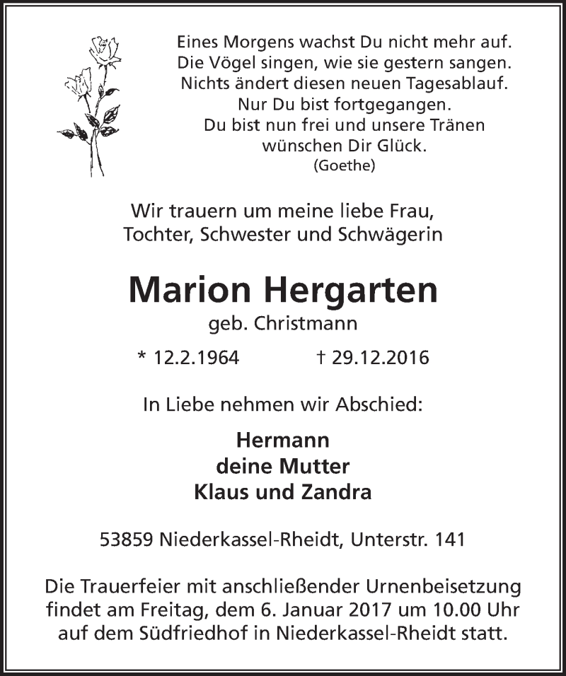  Traueranzeige für Marion Hergarten vom 04.01.2017 aus  Extra Blatt 