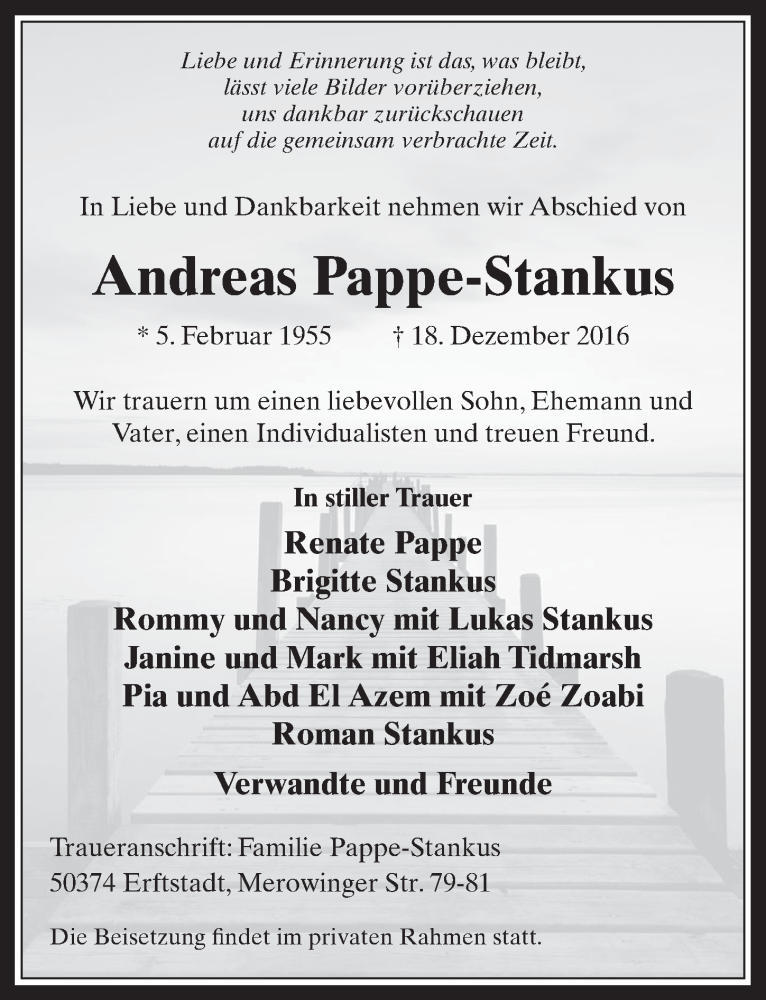  Traueranzeige für Andreas Pappe-Stankus vom 18.01.2017 aus  Werbepost 