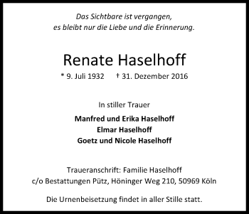 Anzeige von Renate Haselhoff von Kölner Stadt-Anzeiger / Kölnische Rundschau / Express