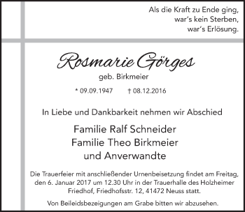 Anzeige von Rosmarie Görges von  Werbepost 