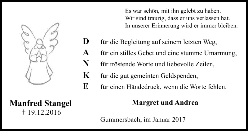  Traueranzeige für Manfred Stangel vom 21.01.2017 aus Kölner Stadt-Anzeiger / Kölnische Rundschau / Express