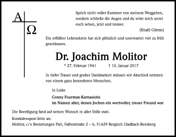 Anzeige von Joachim Molitor von Kölner Stadt-Anzeiger / Kölnische Rundschau / Express