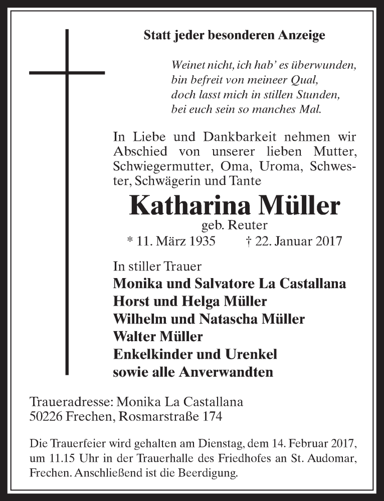  Traueranzeige für Katharina Müller vom 01.02.2017 aus  Wochenende 