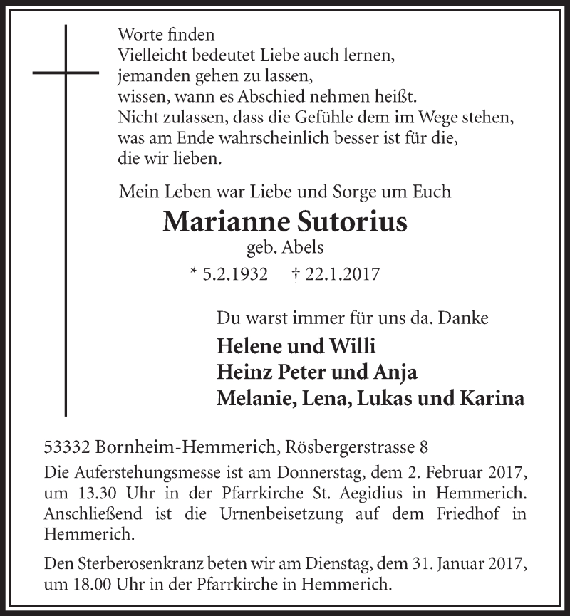  Traueranzeige für Marianne Sutorius vom 25.01.2017 aus  Schlossbote/Werbekurier 