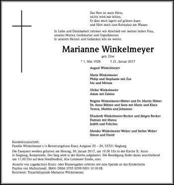 Anzeige von Marianne Winkelmeyer von Kölner Stadt-Anzeiger / Kölnische Rundschau / Express